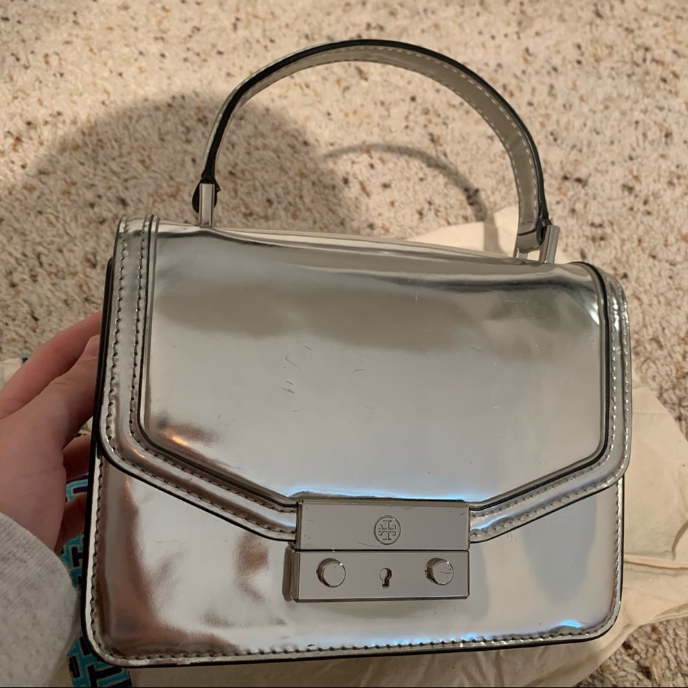 Tory Burch Metallic Silver Top-Handle Satchel